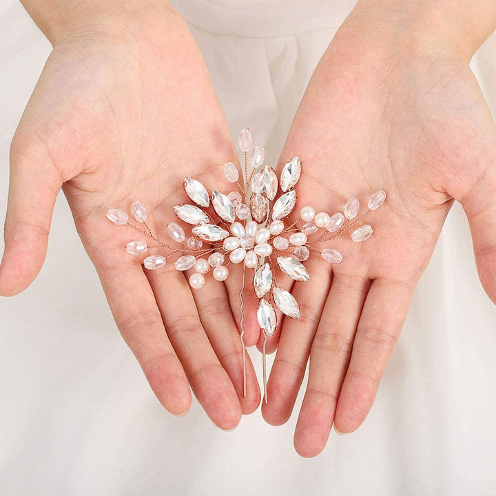 Bride Wedding Rhinestone Hair Pins Crystal Bridal Hair Pieces Wedding Hair Accessories for Women and Girls (Rose Gold)