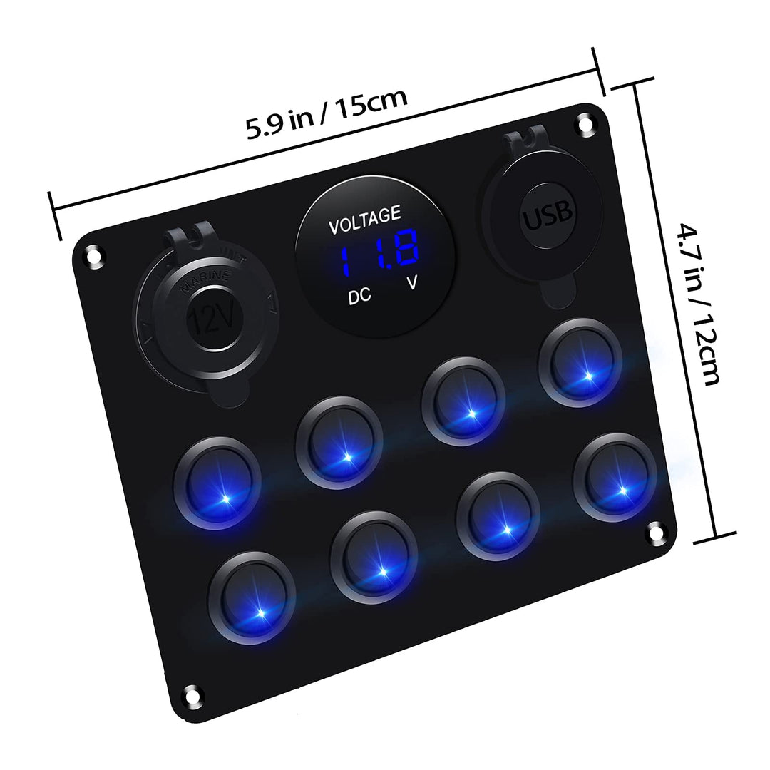 12v 8 Gang Waterproof Toggle Switch Panel, KAOLALI Marine Ignition Rocker Switch Panel USB ON-Off Toggle Switch Multi-Functions Panel for RV Car Boat Vehicle (Blue LED)