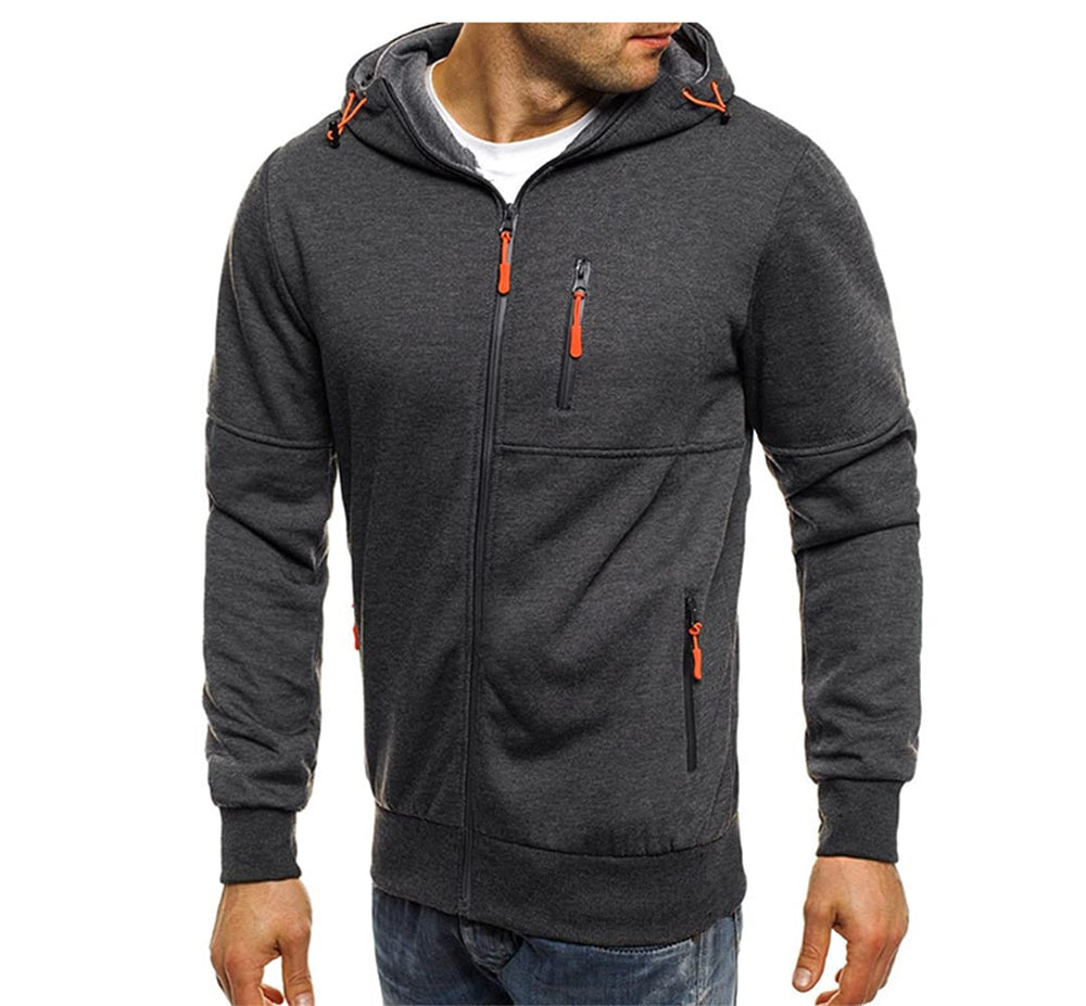 Men's Sports Casual Full Zipper Long-Sleeved Hooded Sweater with Pockets Jogging Track and Filed Gym Training Hoodie Dark Grey