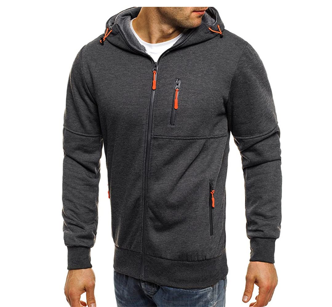 Men&#39;s Sports Casual Full Zipper Long-Sleeved Hooded Sweater with Pockets Jogging Track and Filed Gym Training Hoodie Dark Grey