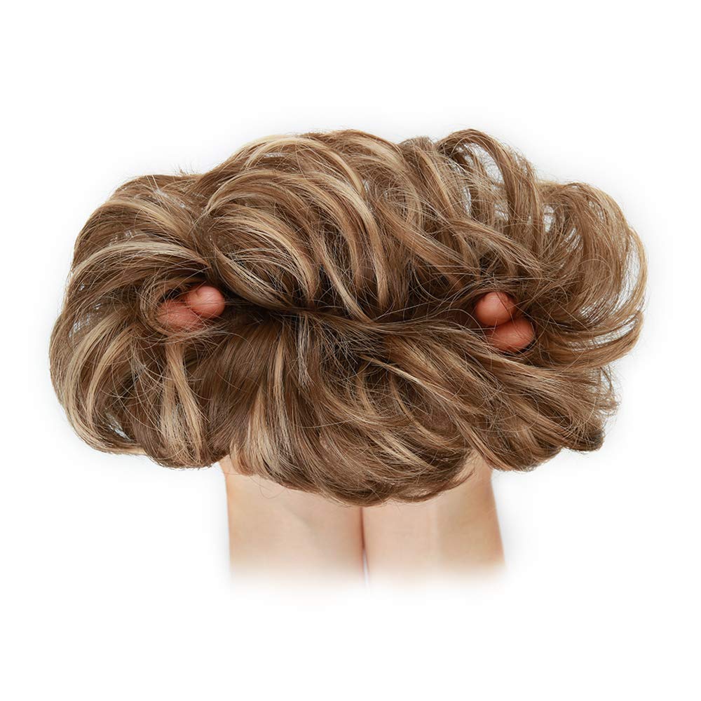 1PCS Messy Hair Bun Hair Scrunchies Extension Curly Wavy Messy Synthetic Chignon for Women (12H24#(Light Golden Brown &amp; Pale Golden Blonde))
