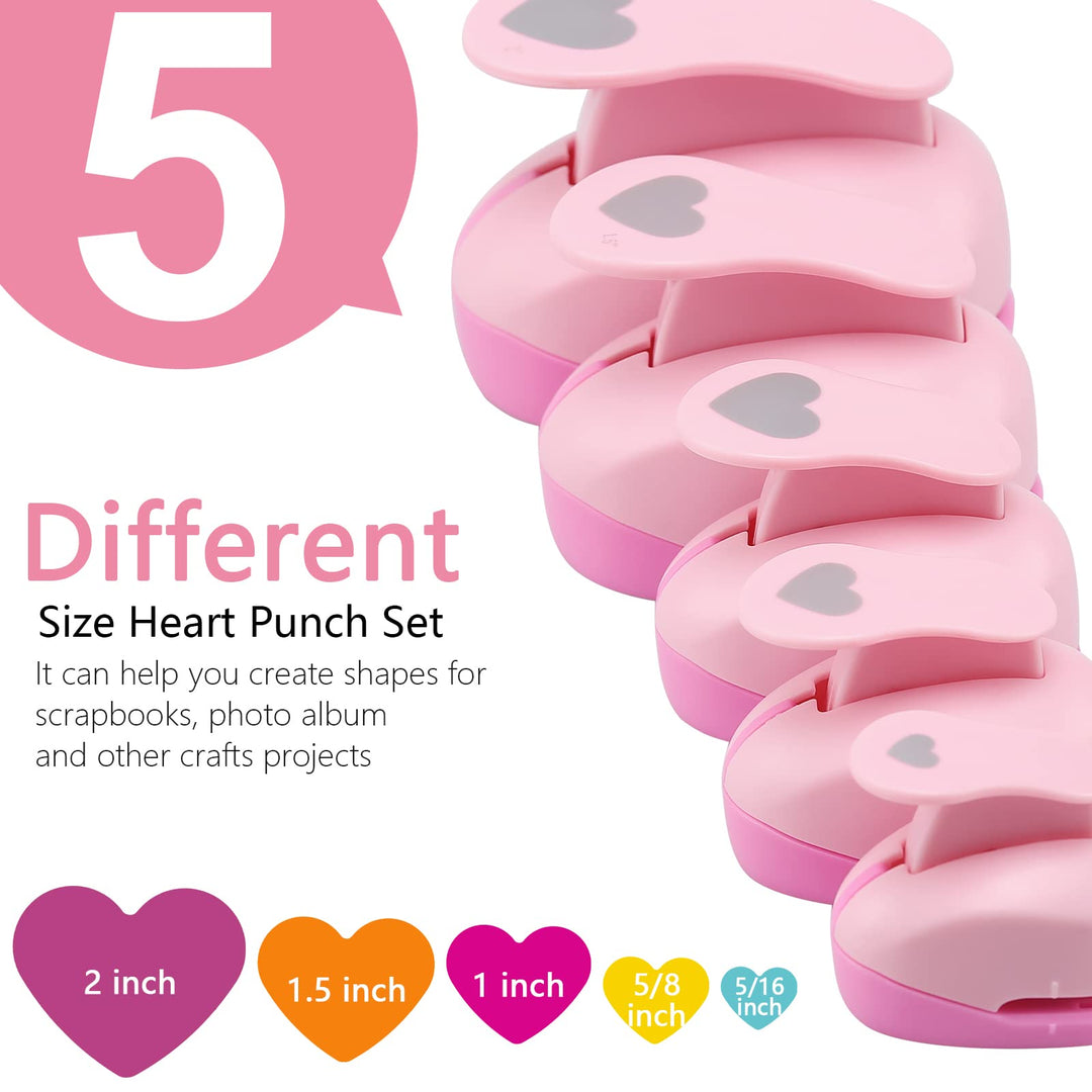 5 PCS Heart Punch, Heart Lever Action Craft Punch, 5 Different Size Heart Shaped Hole Punch for Paper Crafts, Weddings, Gift Wrapping, Greeting Cards and Scrapbooks