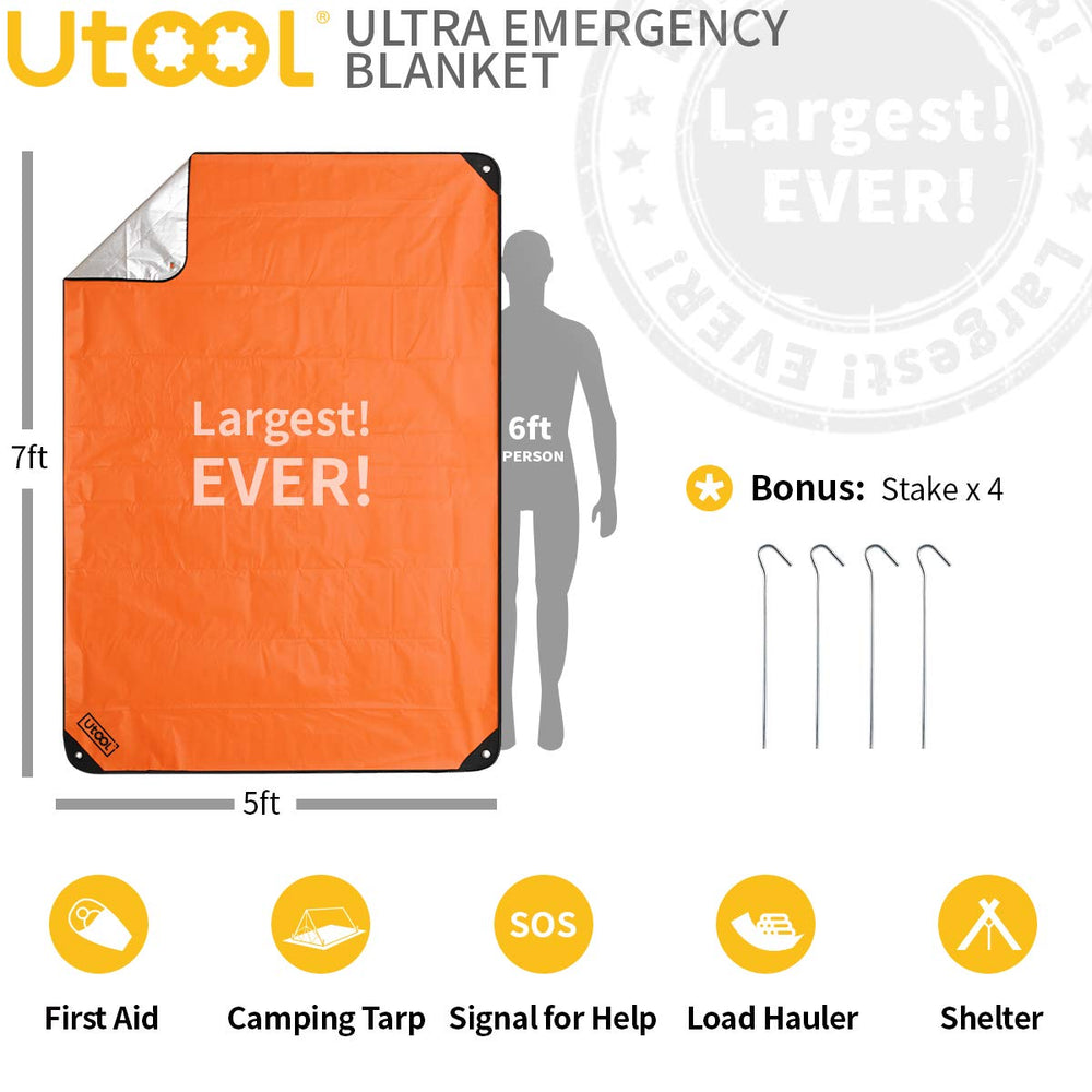 5-Layer Ultra Emergency Blanket Survival Blanket Heavy Duty Thermal Outdoor Waterproof Survival Space Blanket for Hiking, Camping, Orange