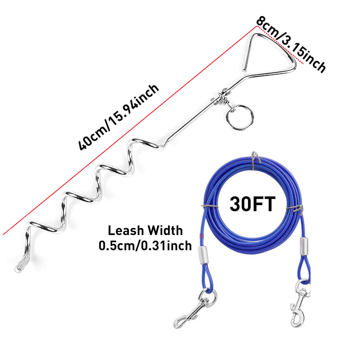 Dog Tie Out Cable and Anti Rust Spiral Stake , 30ft Outside Leash&amp;Chain for Camping and Yard, 16&#39;&#39; Heavy Duty for Medium-Large Dogs Up to 125 lbs (30FT, Blue)