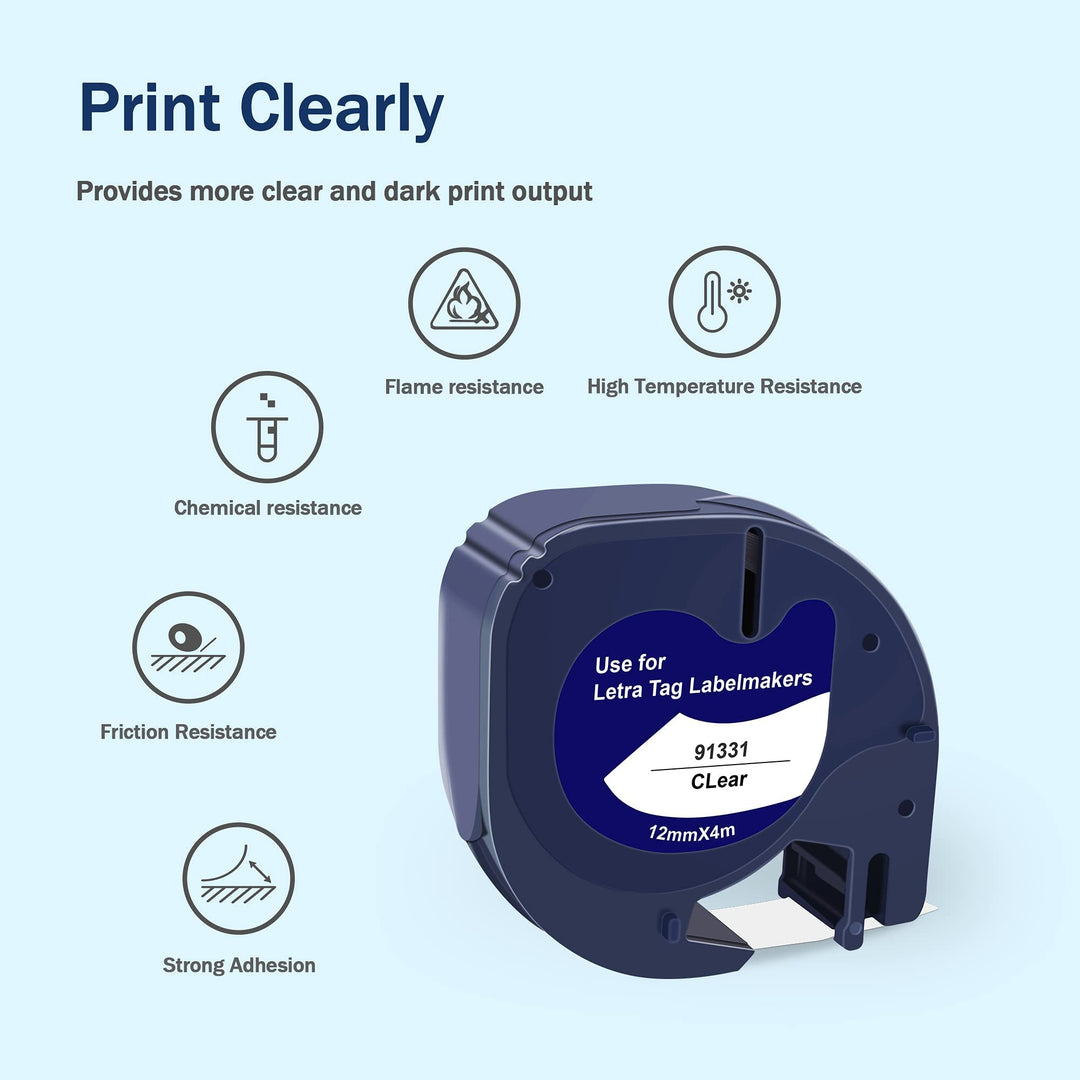 Compatible Label Tape Replacement for Dymo Letratag Labeling Refills 91331 (S0721660) to use with Label Maker LT-100T LT-100H LT-110T, 0.47 Inch (12mm) x 13 Feet (4m), Black on Clear, 6-Pack