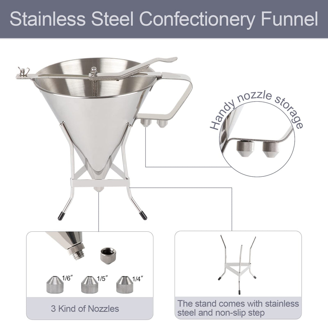 Confectionery Funnel, Stainless Steel Funnel with Stand and 3 Nozzles Commercial Grade Cake Decorating Tool Batter Funnels Precise Dispensing and Filling for Home Kitchen, Cake Cupcake Baked Use