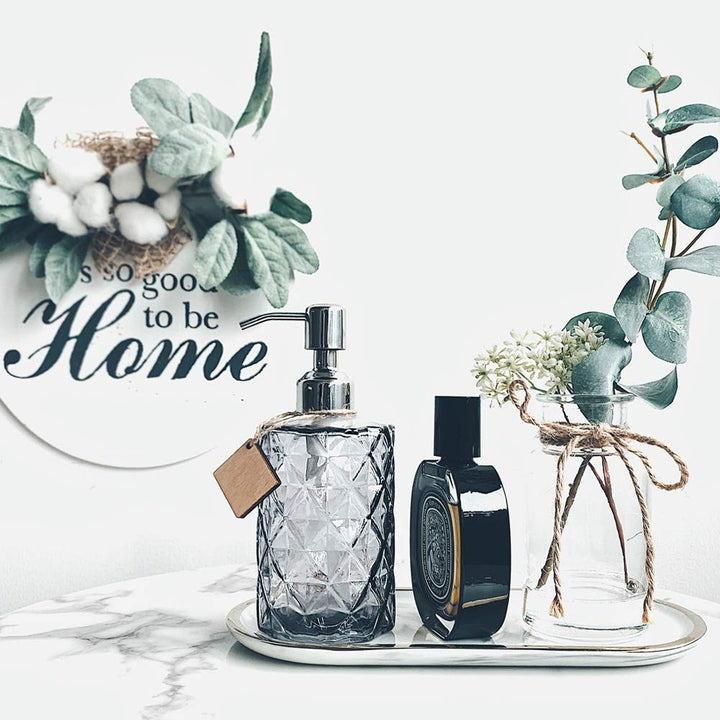 Diamond Design Glass Soap Dispenser with 304 Rust Proof Stainless Steel Soap Pump, 12 Ounce Kitchen Soap Dispenser for Bathroom, Hand Soap, Dish Soap (Grey)