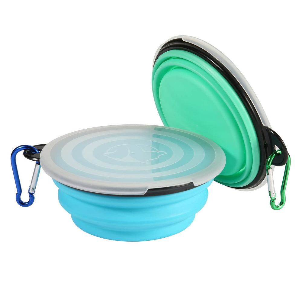 Collapsible Bowl with Cover Lids,2 Pack Dog Travel Bowls Portable Foldable Cat Water Dish Bowl for Pets Walking Parking Camping (Light Blue and Green, Small)