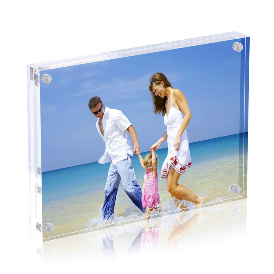Acrylic Photo Frame 5x7 inches, Free Standing Desktop Double Sided Magnetic Picture Display, 10 + 10MM Thickness Clear Magnet Photo Frame with Microfiber Cloth, Gift Box Package