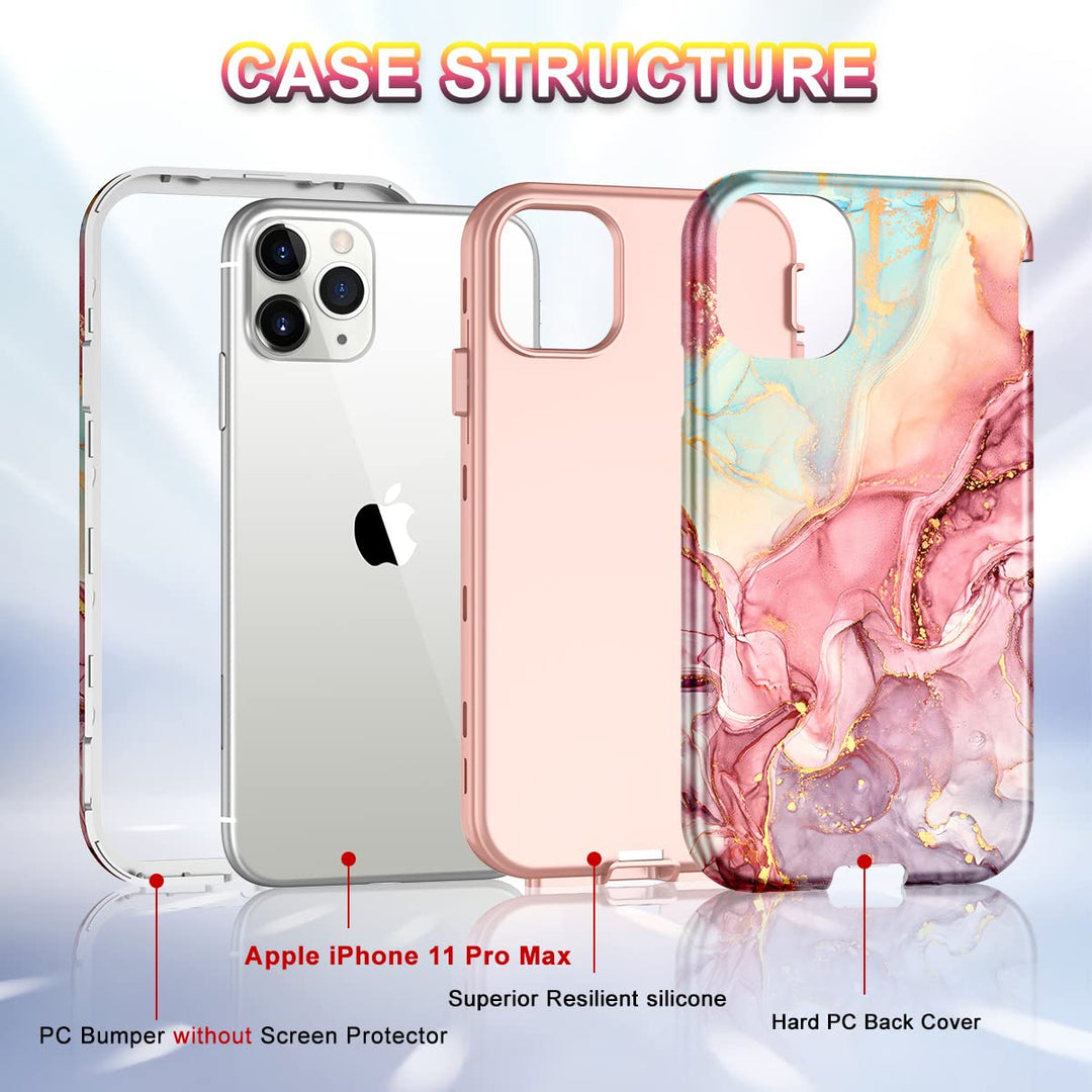 for iPhone 11 Pro Max Case (2019),[Military Grade Drop Tested] Marble Pattern Design Slim Rugged Shockproof Women Girls Men Protective Anti-Scratch Cover for iPhone 11 Pro Max, All Rose Gold