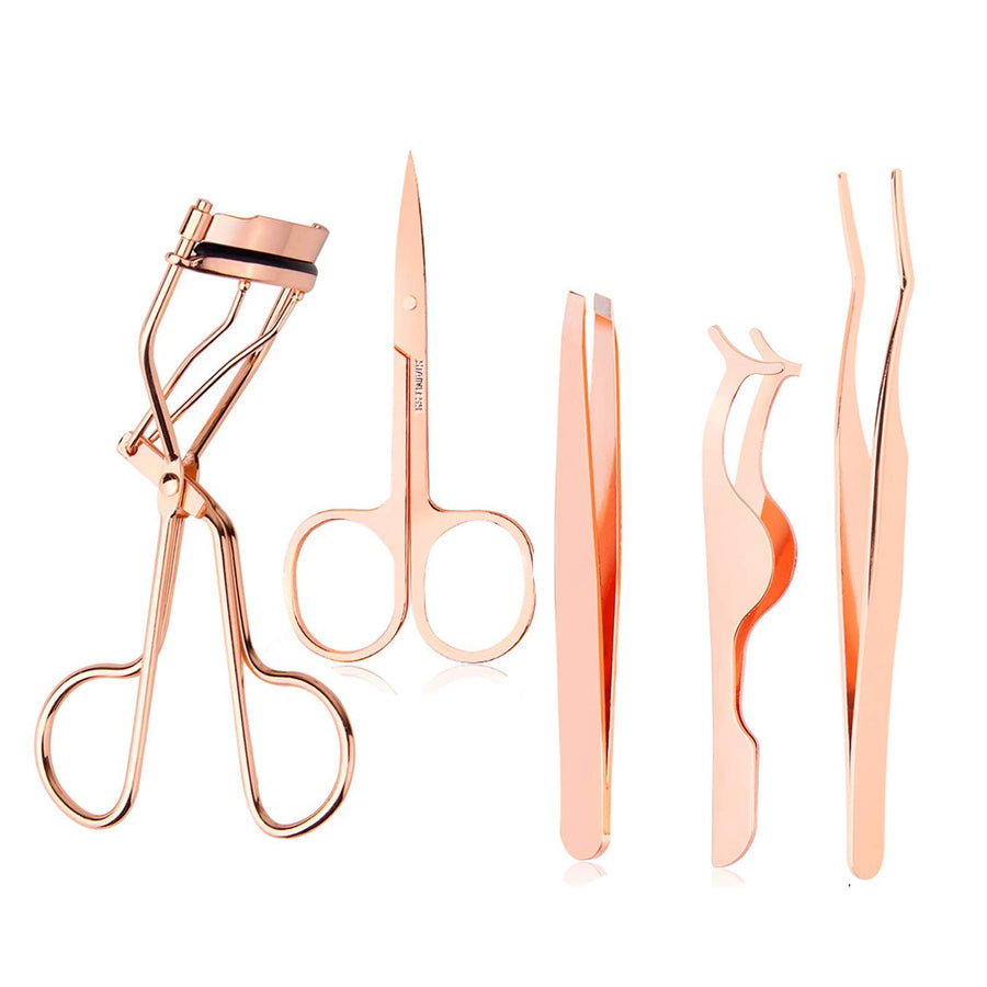 5 Pieces Eyelash Applicator Tool False Eyelashes Applicator Eyebrow Curler Eyebrow Scissors (Rose Golden)