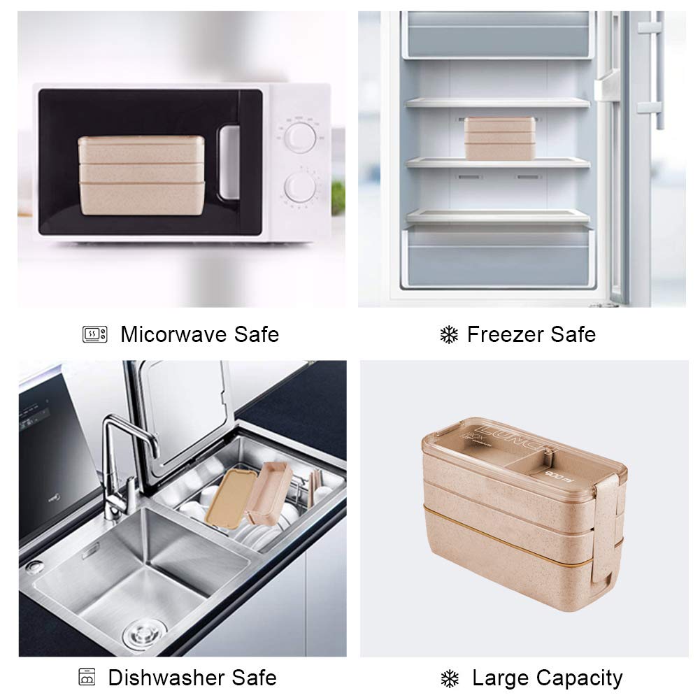 Bento Adults Lunch Box, Stackable Bento Box, 3-In-1 Compartment - Wheat Straw, Leakproof Bento Lunch Box Meal Prep Containers
