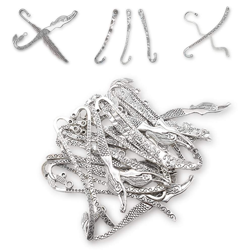 HOSTK 40pc Silver Metal Bookmark Hairpin Hook Carved An