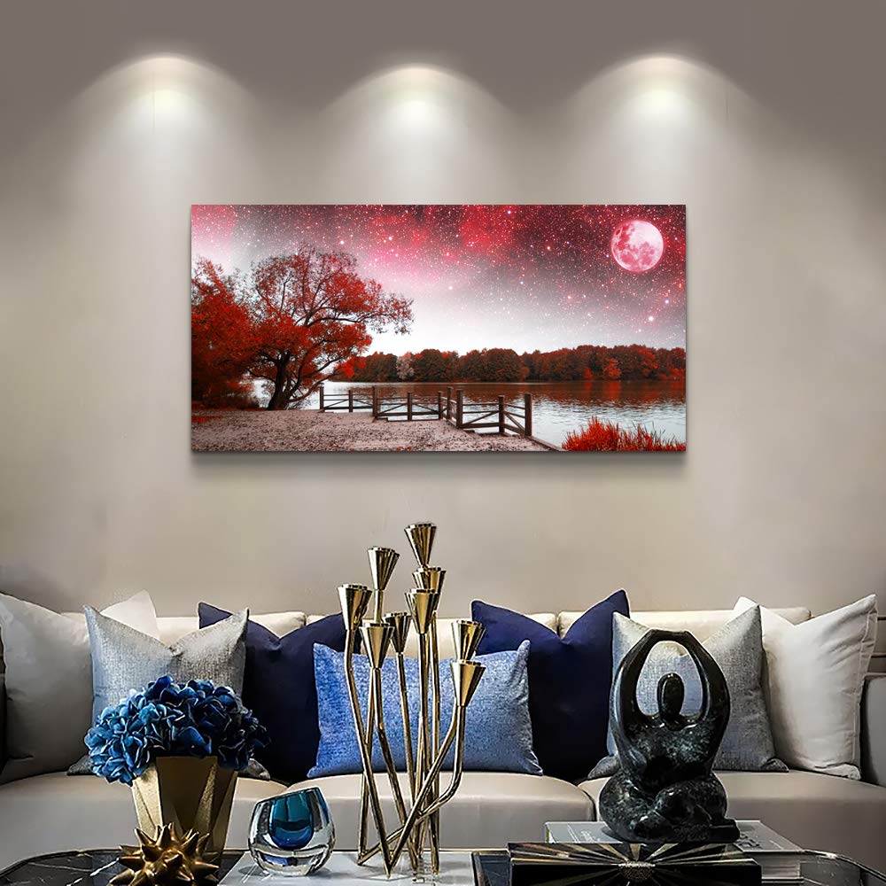 Print Artwork Wall Art Decor Poster for living room Red tree moon starry sky red landscape painting bathroom Wall Art for bedroom Canvas Prints Picture Works Ready to Hang Office Home decorations