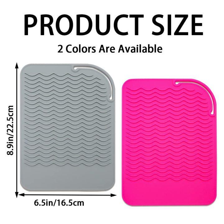 2 Pack Silicone Heat Resistant Travel Mat, Non Slip Curling &amp; Flat Iron Mat Pad, Portable Styling Heat Mat for Hot Hair Tools, Straightener, Salon Appliances, 9x6.5 (Gray, Rose red)