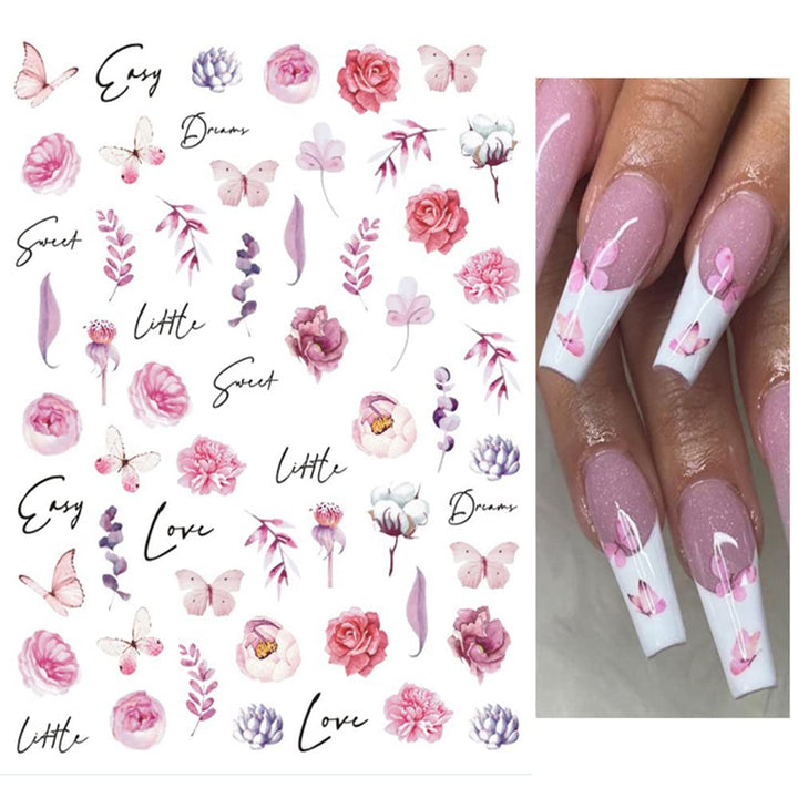 Flower Nail Stickers Daisy Floral Nail Decals 6 Sheets Colorful Cherry Blossom Nail Art Stickers 3D Self-Adhesive Nail Art Supplies Summer Flowers Butterflies Leaves Nail Stickers for Acrylic Nails
