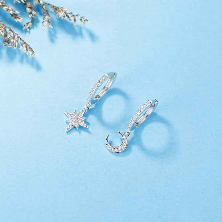 Moon Star Hoop Dangle Earrings for Women, Small Huggie Hoop Earring with Cubic Zirconia Charm for Her in Sterling Silver (Silver)