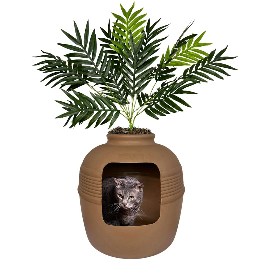 Hidden Cat Litter Box Enclosure with Artificial Plant, Decorative Round Planter, Vented Carbon Charcoal Filter for Odor Control, Easy-to-Clean, Made in USA, Base Kit, Brown