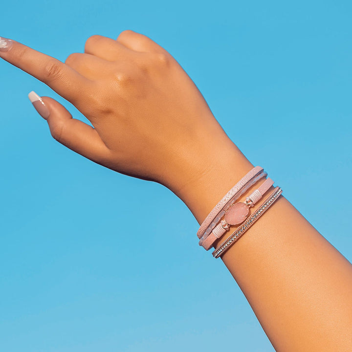 Boho Leather Wrap Bracelets Bohemian Crystal Bracelets Trendy Layered Bracelet with Magnetic Clasp Stackable Jewelry for Women (7.7, Pink)