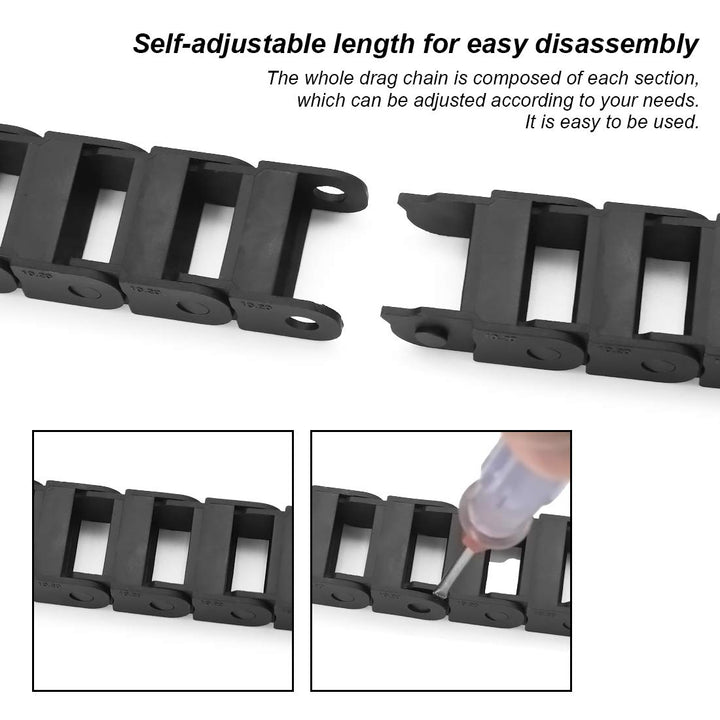 R18 10mm x 20mm(Inner H x Inner W) Black Plastic Cable Wire Carrier Drag Chain 1M Length for CNC, with End Connectors - Bridge Type (Non-openable)