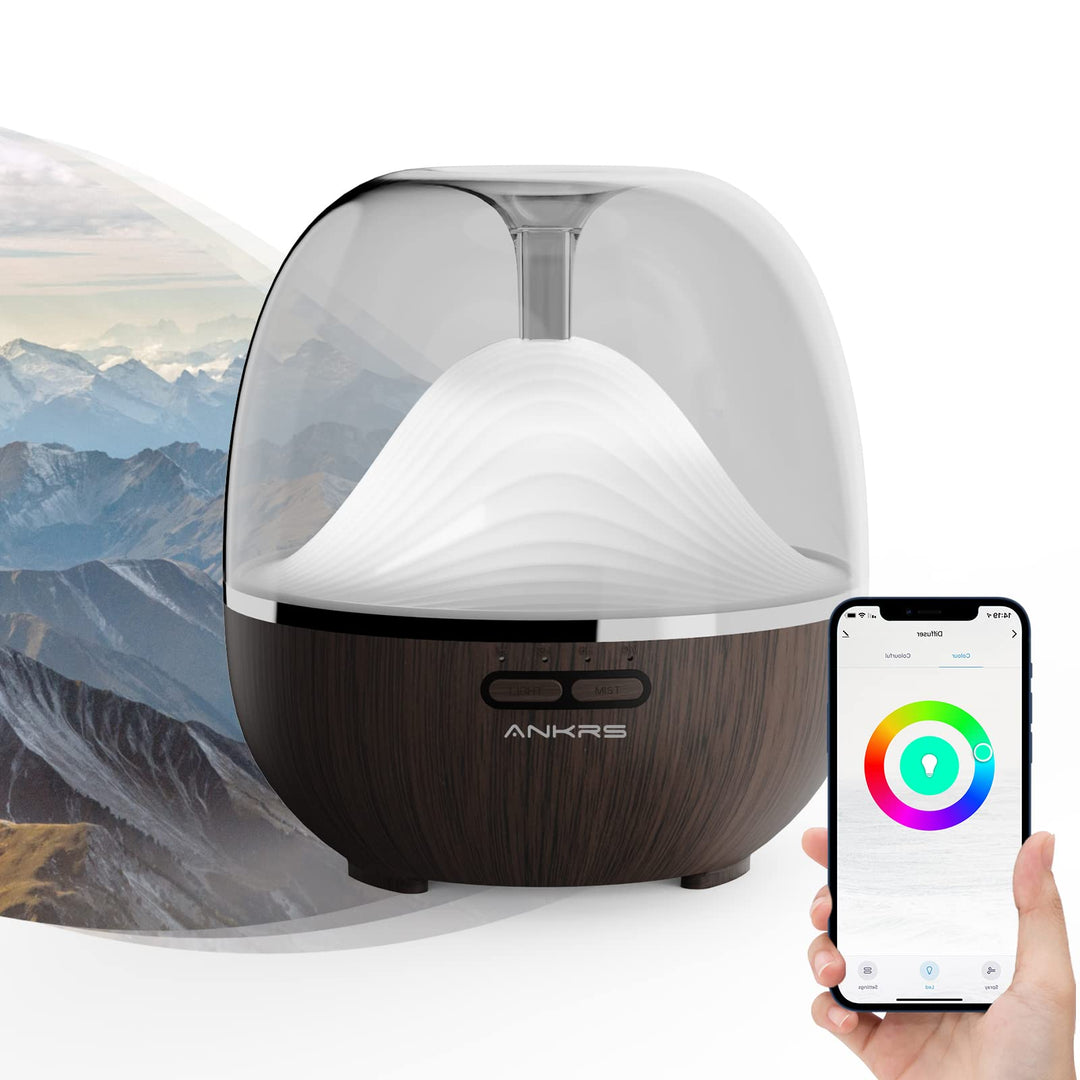 Smart WiFi Essential Oil 600ml Air Diffuser &amp; Humidifier Compatible with Alexa/Google Home, Mountain Scent Diffuser with Multicolor LED, Timer for Bedroom Large Room and Home-Black Walnut