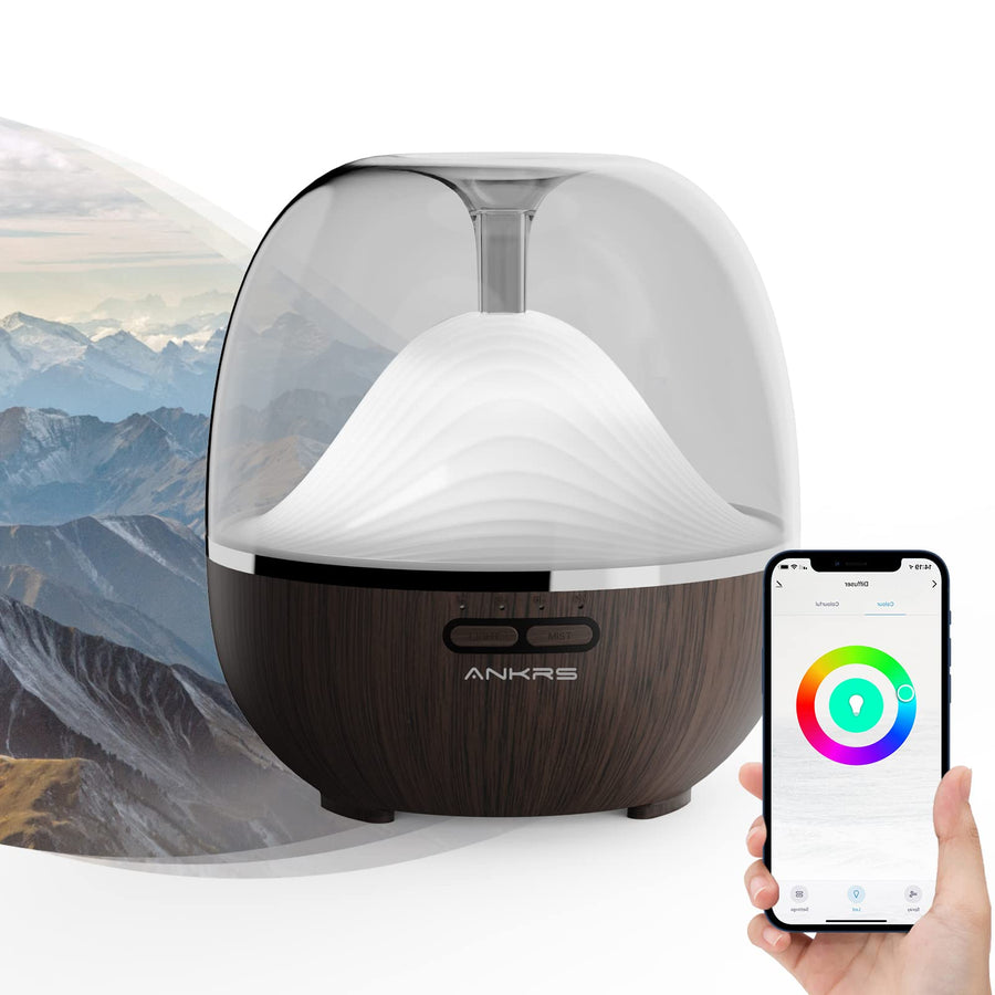 Smart WiFi Essential Oil 600ml Air Diffuser & Humidifier Compatible with Alexa/Google Home, Mountain Scent Diffuser with Multicolor LED, Timer for Bedroom Large Room and Home-Black Walnut