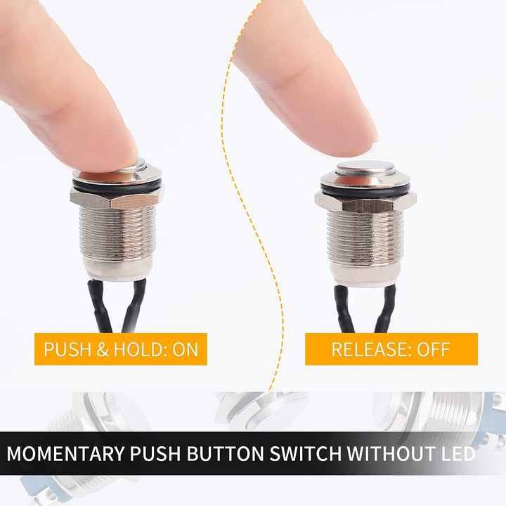 5pcs 12mm Momentary Push Button Switch Silver Shell with pre-Wiring, IP65 Waterproof Push Button Switch,Stainless Steel 1 Normally Open Without LED.