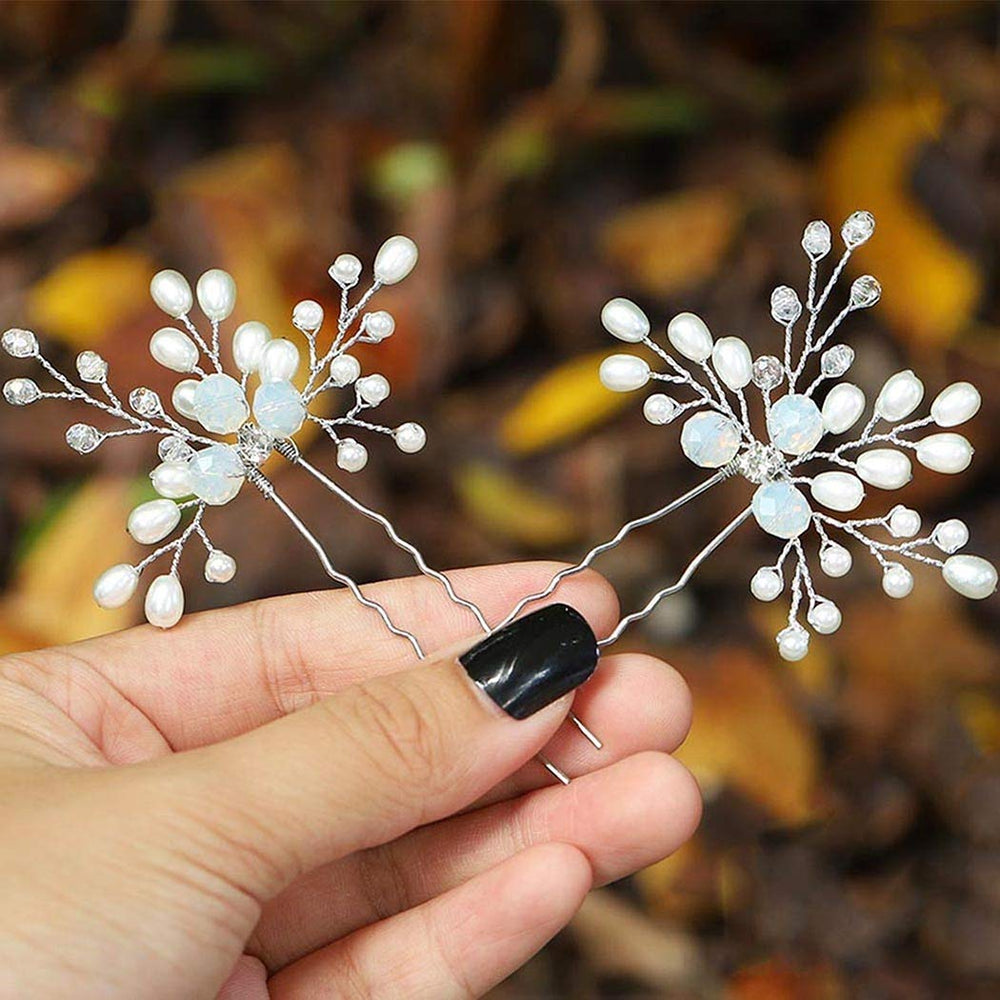 Bride Pearl Wedding Hairpin Rhinestones Bridal Hair Pins Sparkly Crystal Hair Clips Jewelry for Women and Girls (Pack of 2) (Silver)