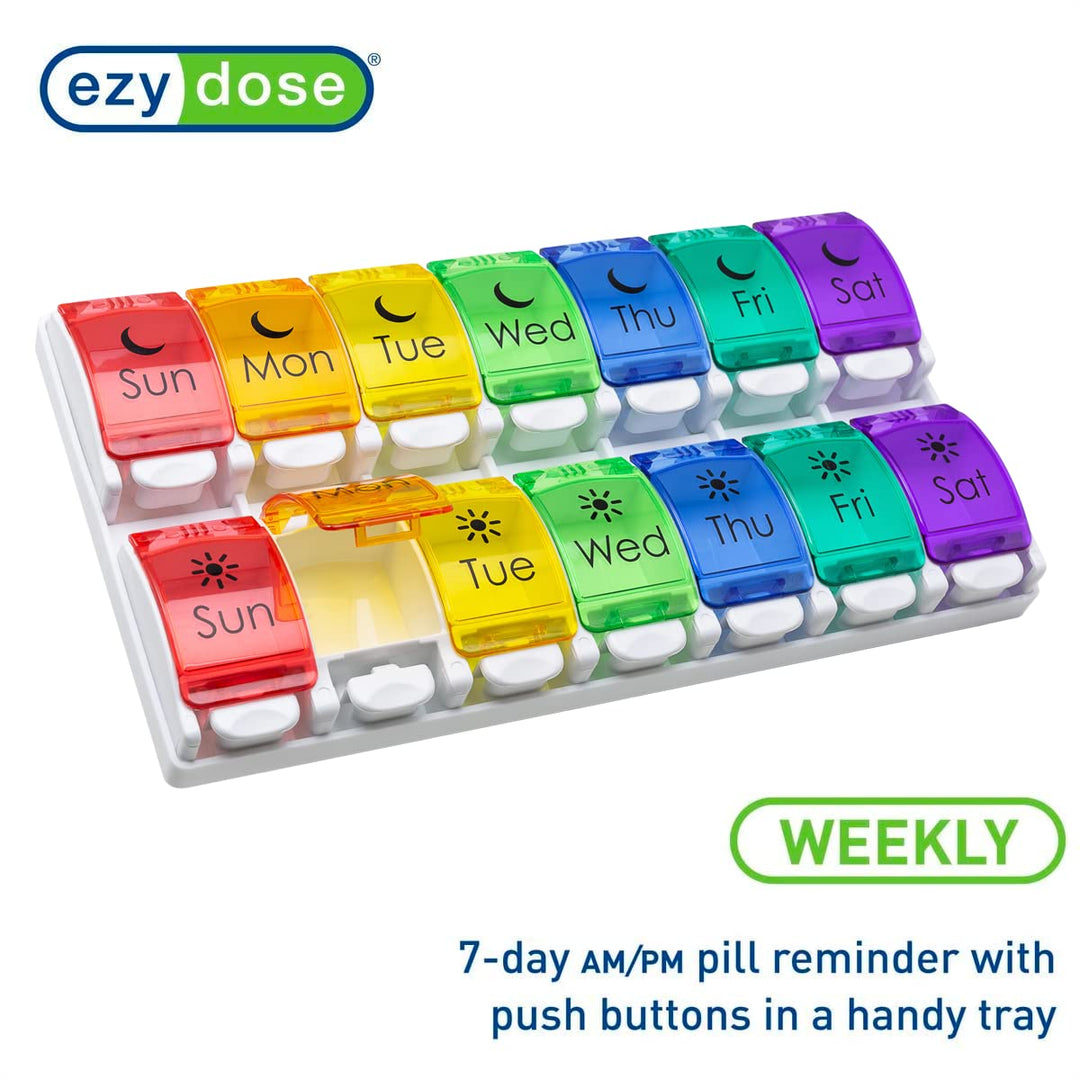 Ezy Dose Push Button (7-Day) Pill, Medicine, Vitamin Organizer Box | Weekly, 2 Times a Day, AM PM | Extra Large Compartments | Rainbow Lids | FDA Registered