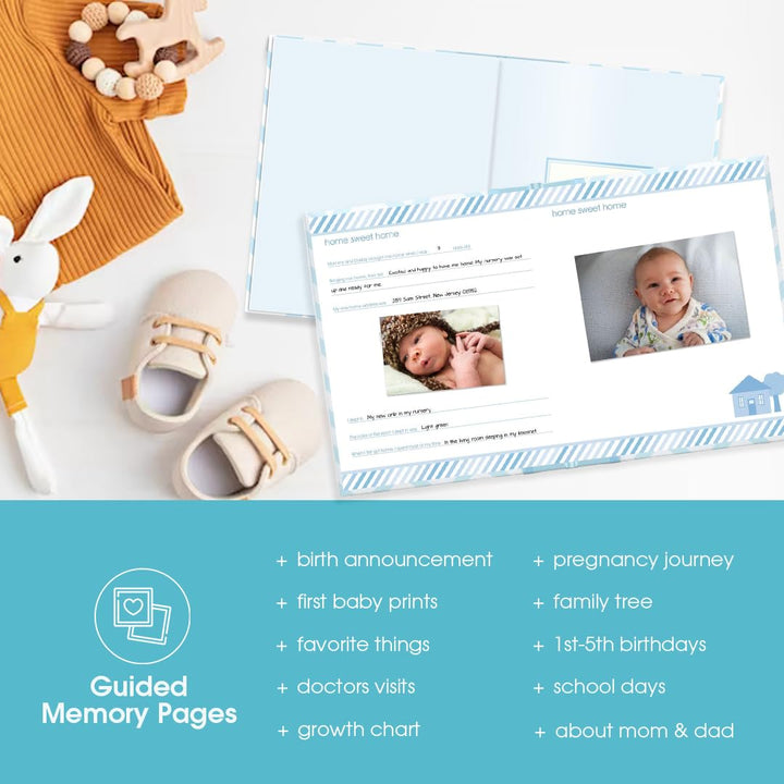 Pearhead Baby Memory Book, First 5 Years Baby Milestone Book, Pregnancy Journal, Holiday Gift, Gender Neutral Newborn Keepsake, With Clean-Touch Ink Pad For Baby's Handprint or Footprint, Blue Chevron