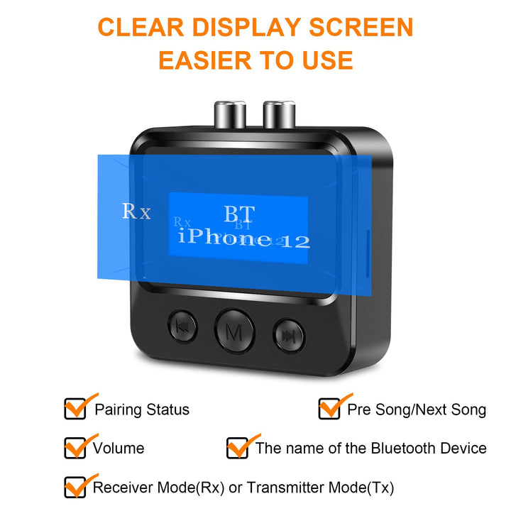 Bluetooth Transmitter Receiver for TV, Bluetooth Audio Adapter for Home Stereo with RCA 3.5mm AUX &amp; Display, Bluetooth Transmitter for Headphones/Speakers/Airplane/Home Theater/PC/Car, TF Card Output