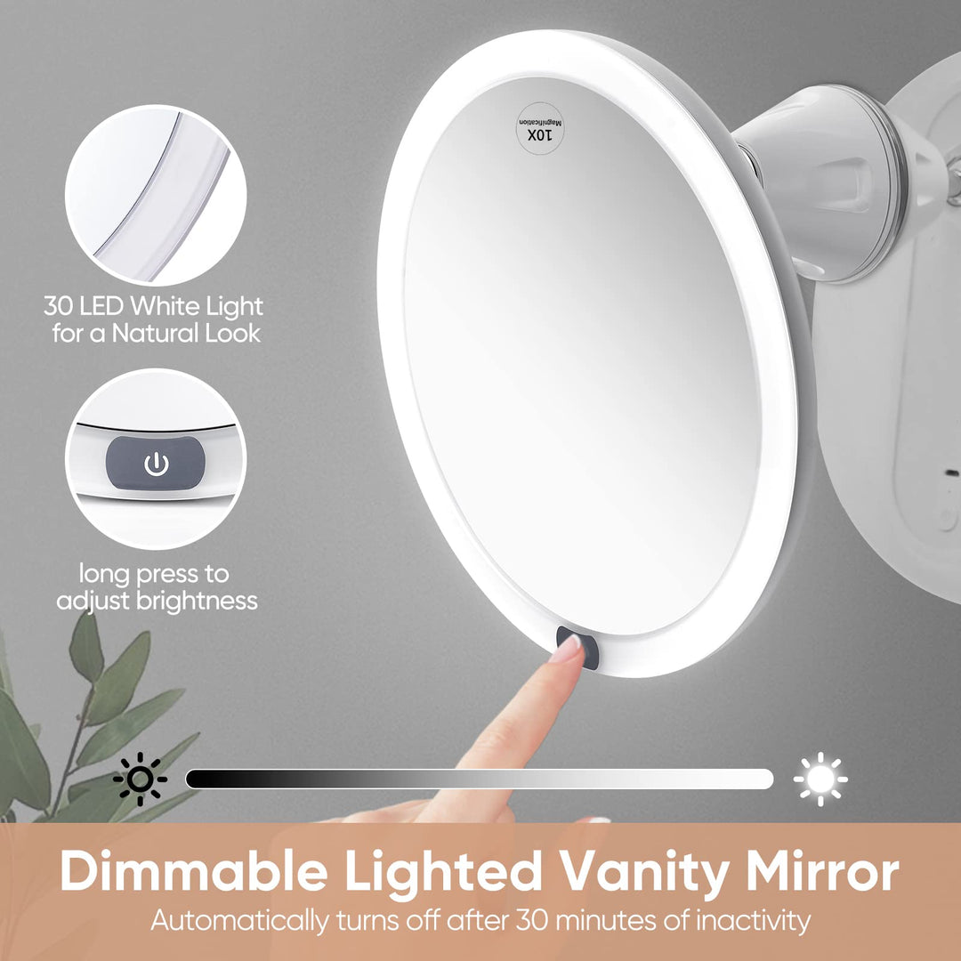 Upgraded 9 Rechargeable 10x Magnifying Makeup Mirror with Lights, Dimmable Lighted Vanity Mirror with Magnification and A Large Suction Cup, Touch Button, 360 Degree Rotation