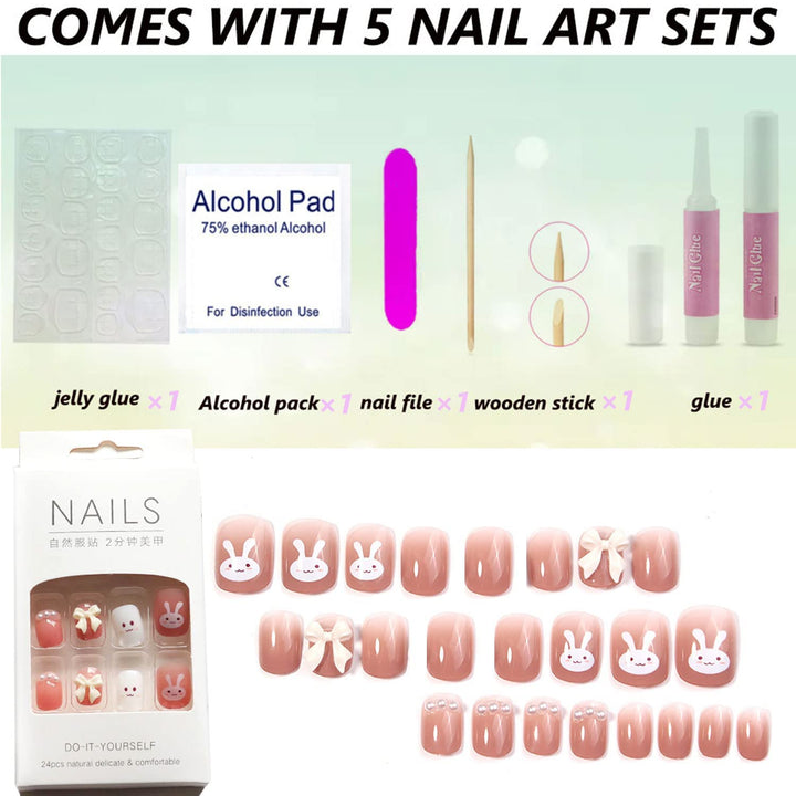 Cute Bunny Fake Press on Nails for Women Kid Cute Rabbit Fake Nails Pre-glue Short Full Cover False Nail Tips Stick on Nails Lovely Gift Girls Nail Art Decoration -Pink