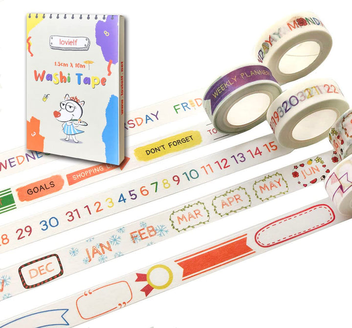 Bujo Week Month Date Day Banner Number Planner Box washi Tape Set of 5 Rolls - Decorative DIY Japanese Masking Scrapbook Notebook Planner | Length : 10m (10.93 yards