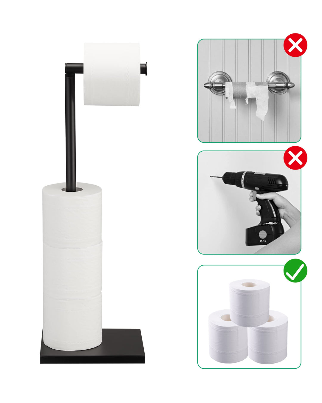 Free Standing Bathroom Toilet Paper Holder Stand with Reserve, Stainless Steel Pedestal Tissue Roll Holder, Black