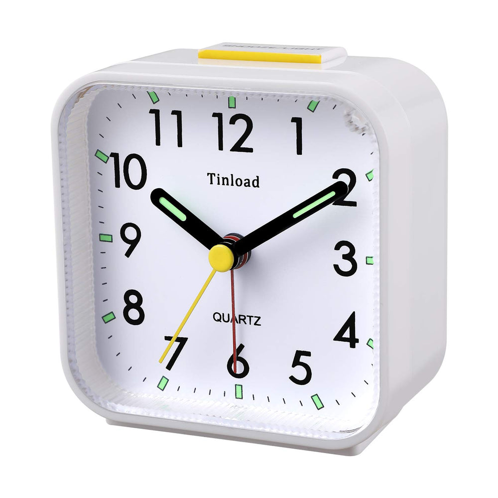 Small Battery Operated Analog Alarm Clock Silent Non Ticking, Ascending Beep Sounds, Snooze,Light Functions, Easy Set(White)