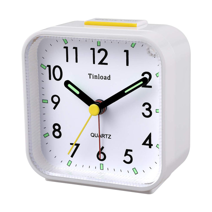 Small Battery Operated Analog Alarm Clock Silent Non Ticking, Ascending Beep Sounds, Snooze,Light Functions, Easy Set(White)