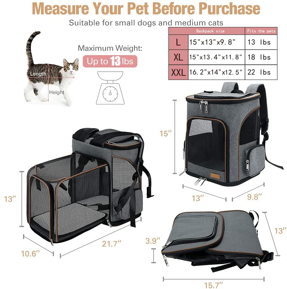 Cat Backpack Expandable Pet Carrier Backpack for Small Cats and Dogs, Airline-Approved Foldable Dog Carrier Backpack with Inner Safety Leash, Grey