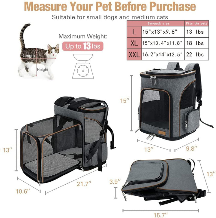 Cat Backpack Expandable Pet Carrier Backpack for Small Cats and Dogs, Airline-Approved Foldable Dog Carrier Backpack with Inner Safety Leash, Grey