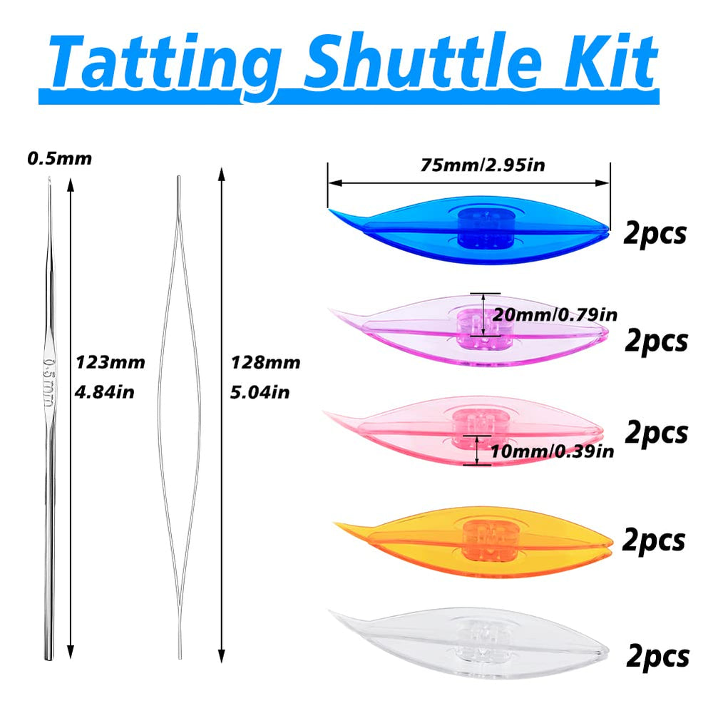 Tatting Shuttle Kit, 10 PCS Plastic Tatting Shuttle with Beading Needles Crochet Hooks Knitting Needles Big Eye Needles Tatting Needles for DIY Hand Lacemaking Craft Tool Weave Yarn Set