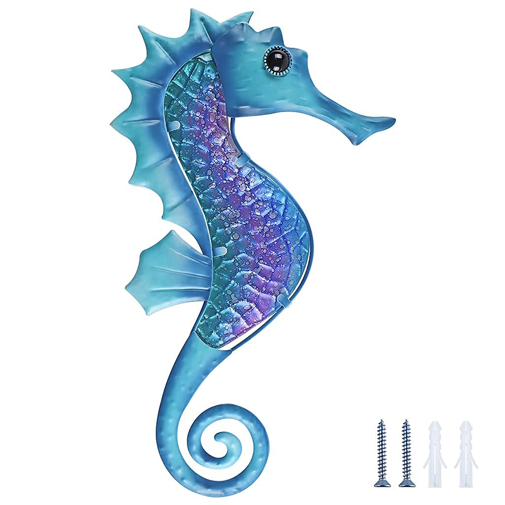 Seahorse Wall Decor 14 Inches, Nautical Metal Wall Art, Marine Life Wall Hanging Sculpture for Garden Fence, Patio, Bathroom (Blue)