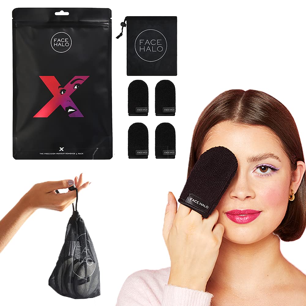 Face Halo X | Precision Makeup Remover Wipes and Wash Bag Remove Makeup with Just Water, Reusable Microfiber Makeup Touch-Up Mini Towel Erases Makeup in Hard to Reach and Sensitive Areas (4-Pack)