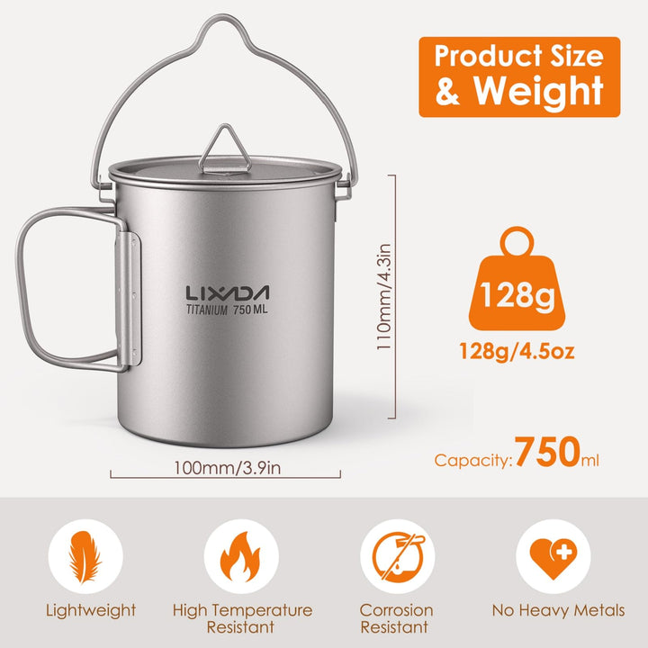 Lixada Titanium Water Mug Cup with Lid and Foldable Han