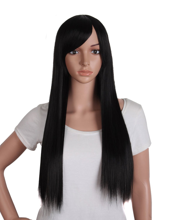 28 / 70cm Beautiful Synthetic Women&#39;s Oblique Bangs Long Straight Wig (Black)