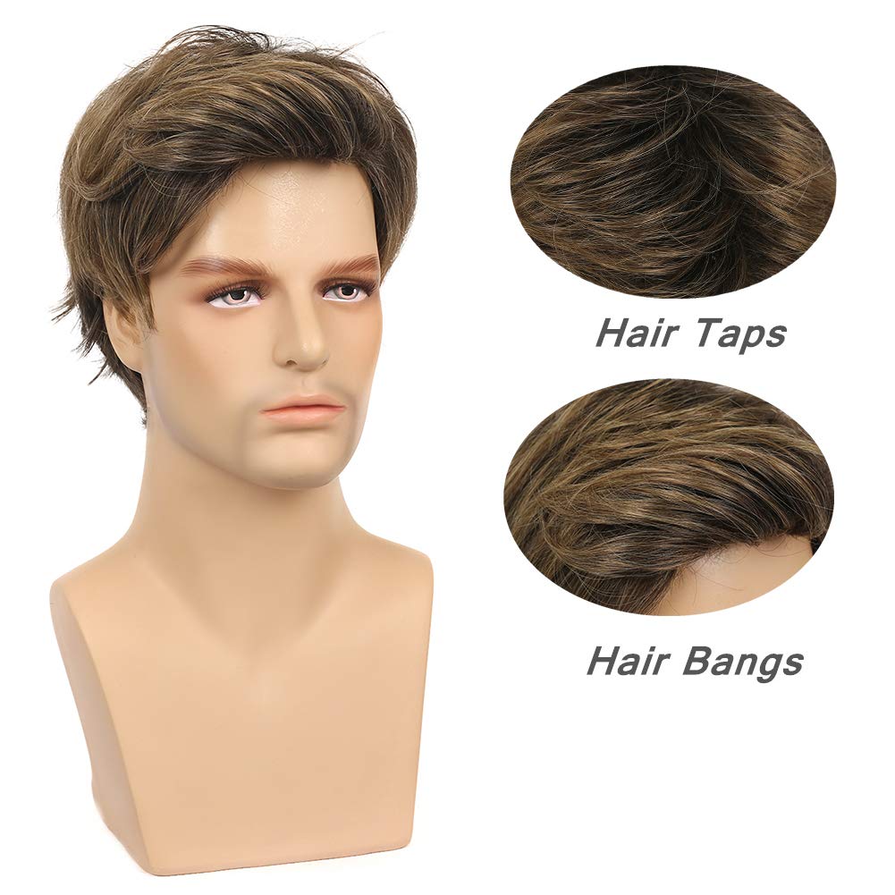 Mens Wigs Short Straight Brown mix Natural Synthetic Cosplay Hair Wigs for Male Guy