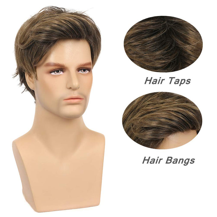 Mens Wigs Short Straight Brown mix Natural Synthetic Cosplay Hair Wigs for Male Guy