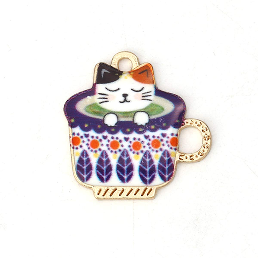 10pc Plated Gold Alloy Cup Multicolor Cat Enamel Charms Pendants 23x23mm (7/8 x 7/8)