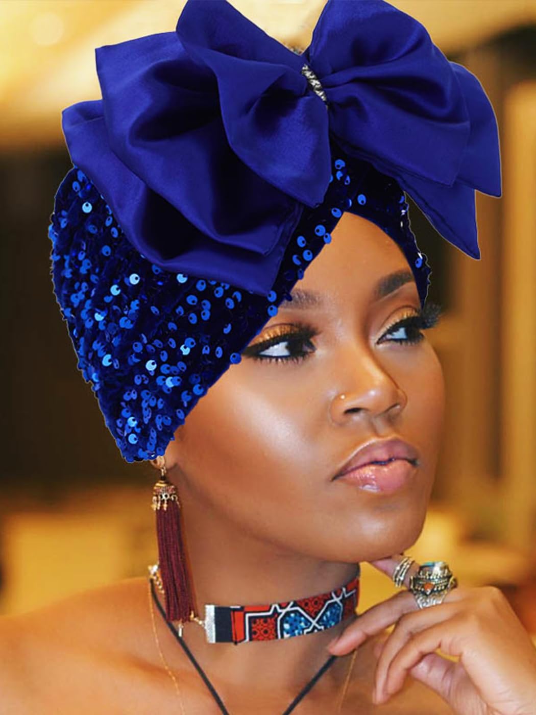 Head Wrap Bow Turban Sequin Beanie Headwrap Hat Pre-Tie Head Scarf for Women