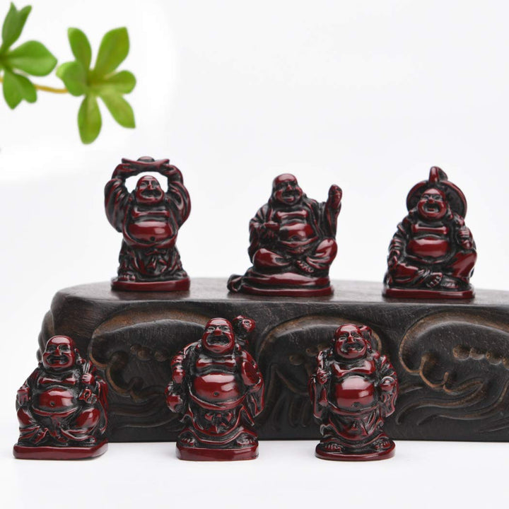 BRABUD 1&#39;&#39; Red Resin Laughing Buddha Maitreya Figurines Collection Gift Home Office Desk Decor Flower Pot Statue Decoration Set of 6