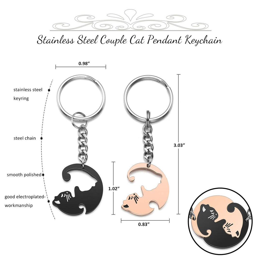 2pcs Stainless Steel Couples Keychains Black Rose Gold Cat Puzzle Piece Matching Couple Keychain Set Yin Yang Matching Puzzle Keychain His &amp; Her Lover Gift